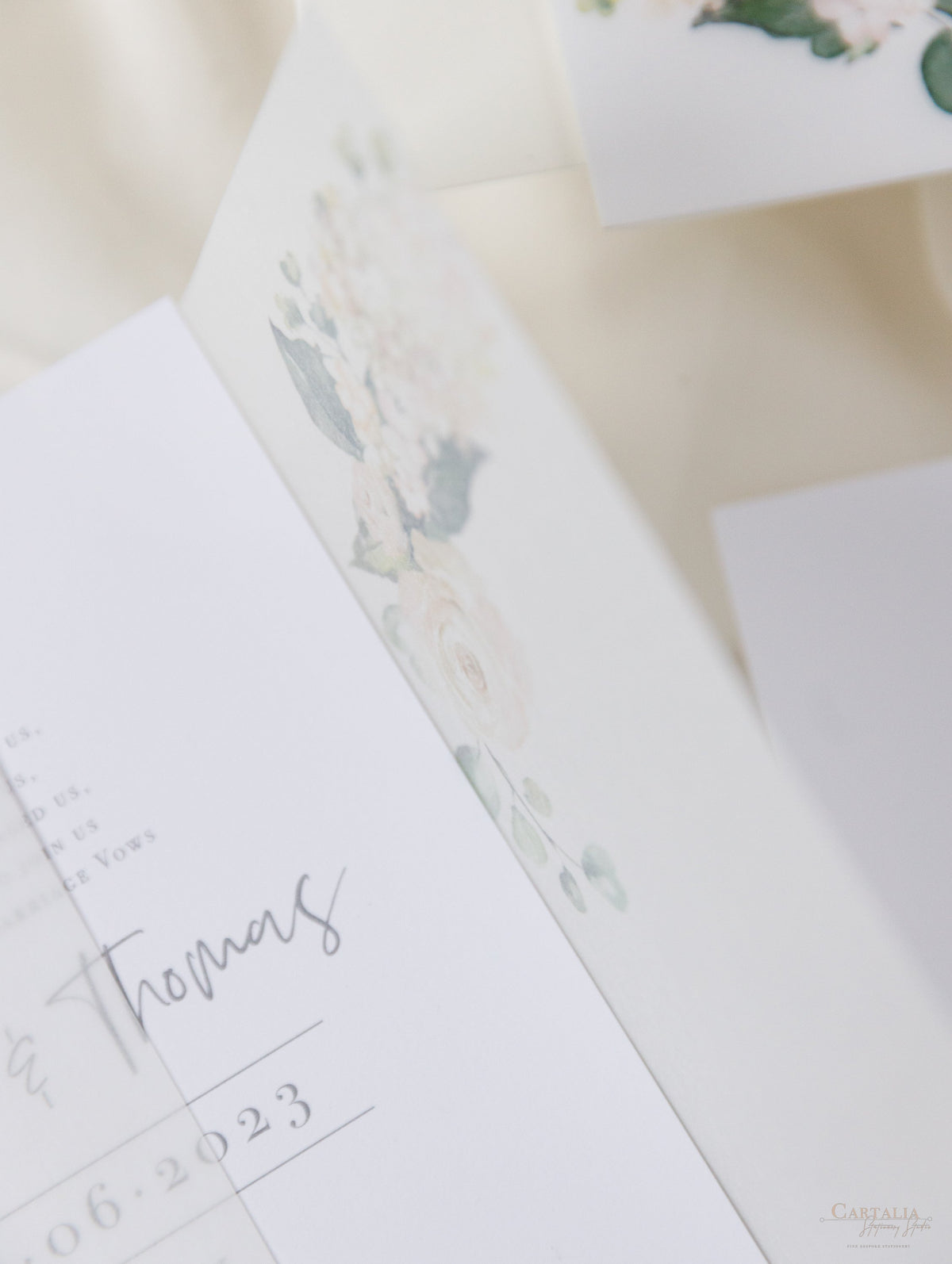 Vellum Day Invitation & RSVP │White Hydrangea Flowers & Greenery │ with Mirror Plexi