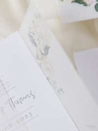 Vellum Day Invitation & RSVP │White Hydrangea Flowers & Greenery │ with Mirror Plexi