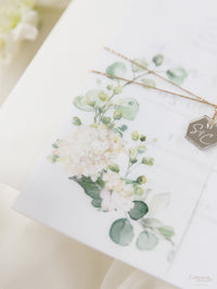 Invitation du Jour du vélin et RSVP │ Hortensia blanc Fleurs et verdure │ avec miroir plexi