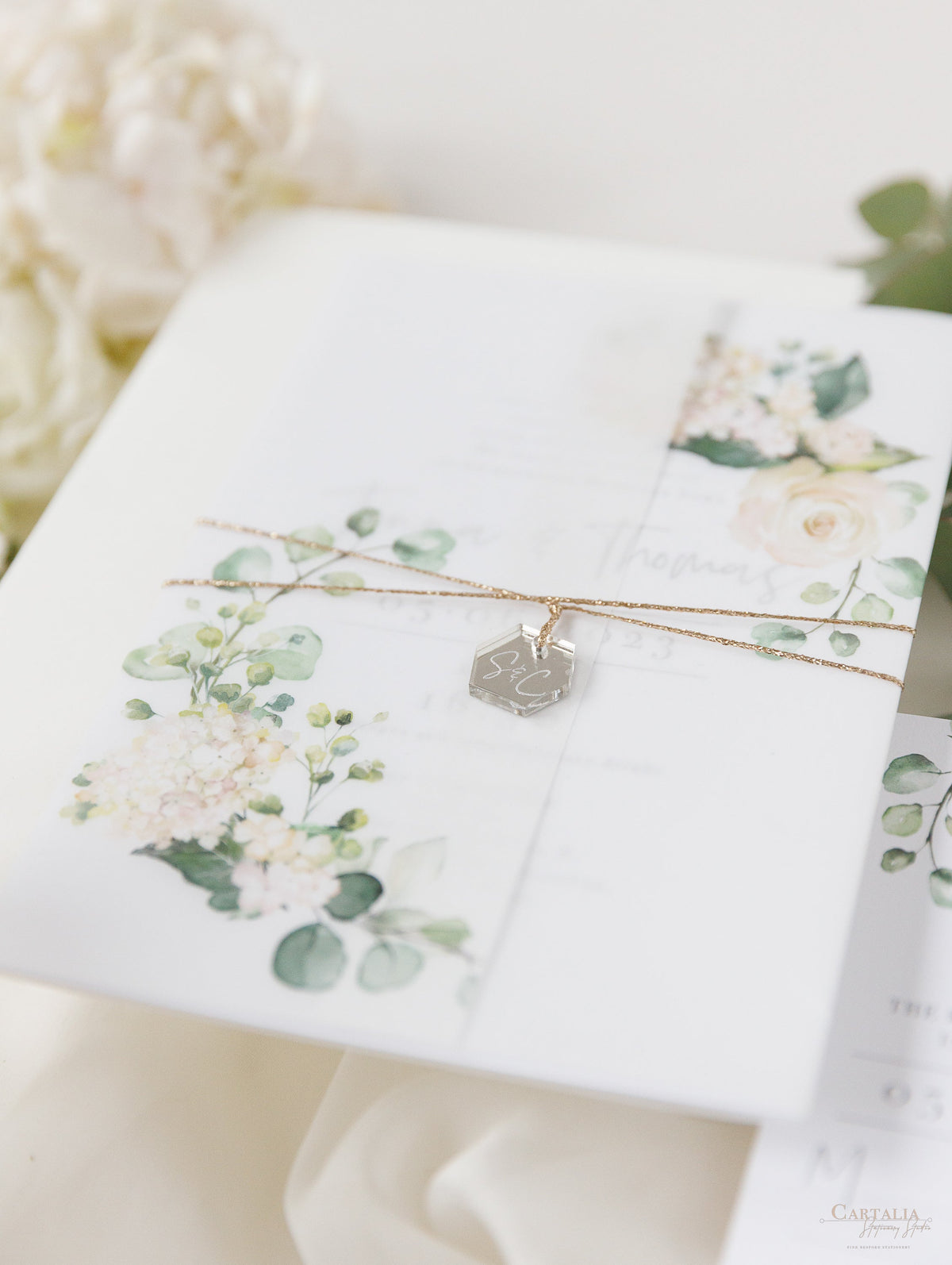 Invitation du Jour du vélin et RSVP │ Hortensia blanc Fleurs et verdure │ avec miroir plexi