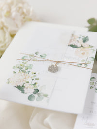 Vellum Day Invitation & RSVP │White Hydrangea Flowers & Greenery │ with Mirror Plexi