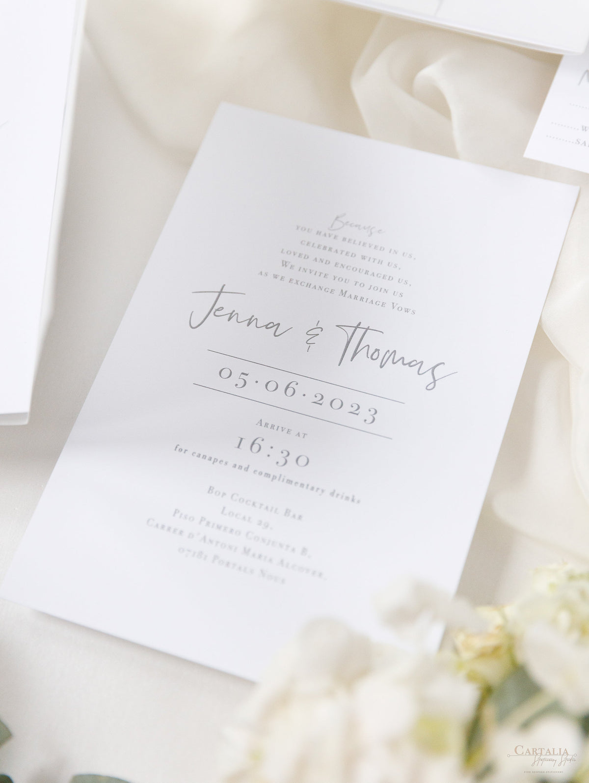 Invitation du Jour du vélin et RSVP │ Hortensia blanc Fleurs et verdure │ avec miroir plexi