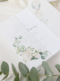 Vellum Day Invitation & RSVP │White Hydrangea Flowers & Greenery │ with Mirror Plexi