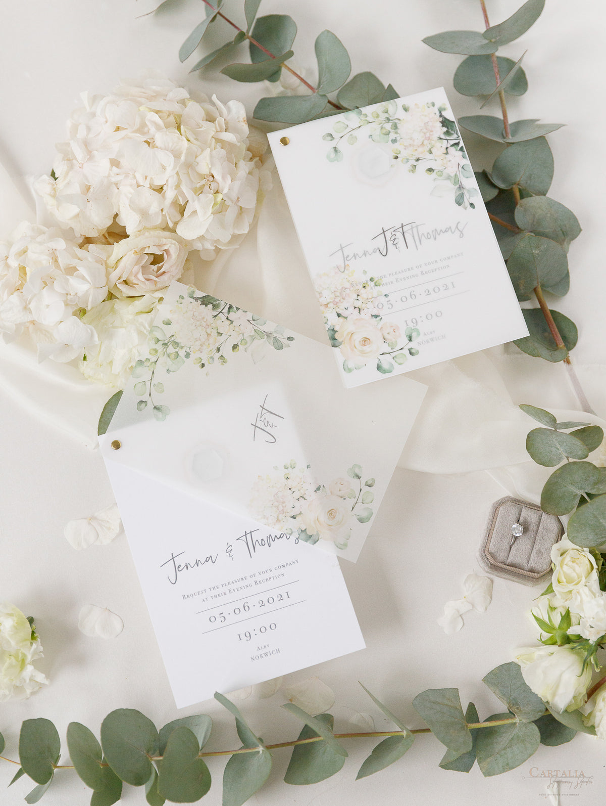 White Hydrangea Evening Reception & Vellum Layer and Silver Bolt Silver Mirror Hexagon Tag