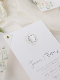 White Hydrangea Evening Reception & Vellum Layer and Silver Bolt Silver Mirror Hexagon Tag