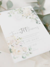 White Hydrangea Evening Reception & Vellum Layer and Silver Bolt Silver Mirror Hexagon Tag