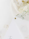 White Hydrangea Evening Reception & Vellum Layer and Silver Bolt Silver Mirror Hexagon Tag