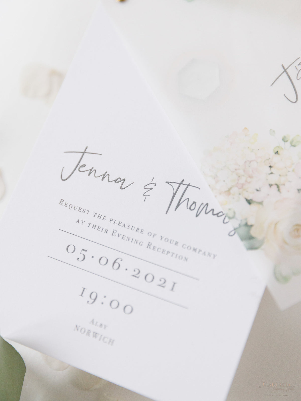 White Hydrangea Evening Reception & Vellum Layer and Silver Bolt Silver Mirror Hexagon Tag