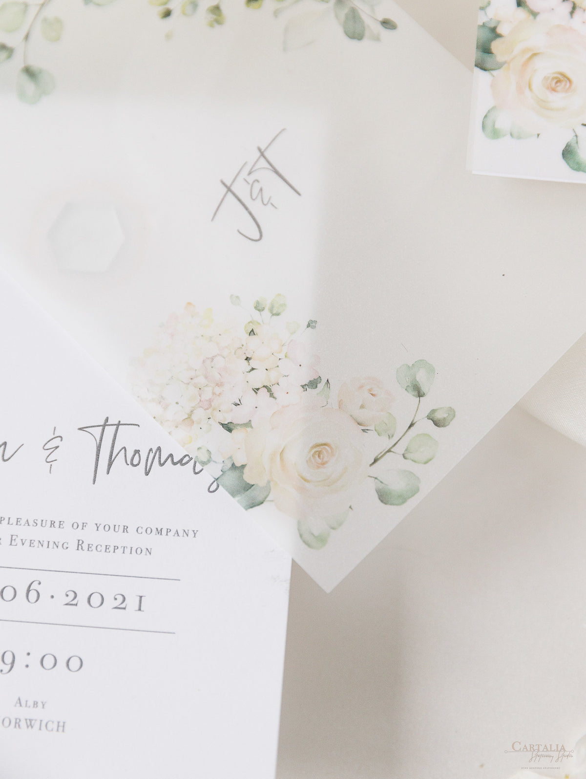 White Hydrangea Evening Reception & Vellum Layer and Silver Bolt Silver Mirror Hexagon Tag