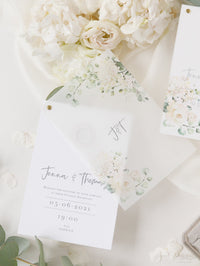 White Hydrangea Evening Reception & Vellum Layer and Silver Bolt Silver Mirror Hexagon Tag