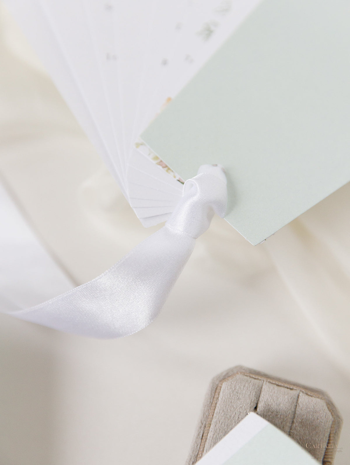 Abanico del programa de pétalos de boda de hortensias blancas, orden del día en verde salvia, orden de servicio