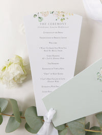 White Hortengea Wedding Petal Program Fan, Order of Day in Sage Green, Order of Service