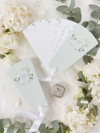 White Hortengea Wedding Petal Program Fan, Order of Day in Sage Green, Order of Service