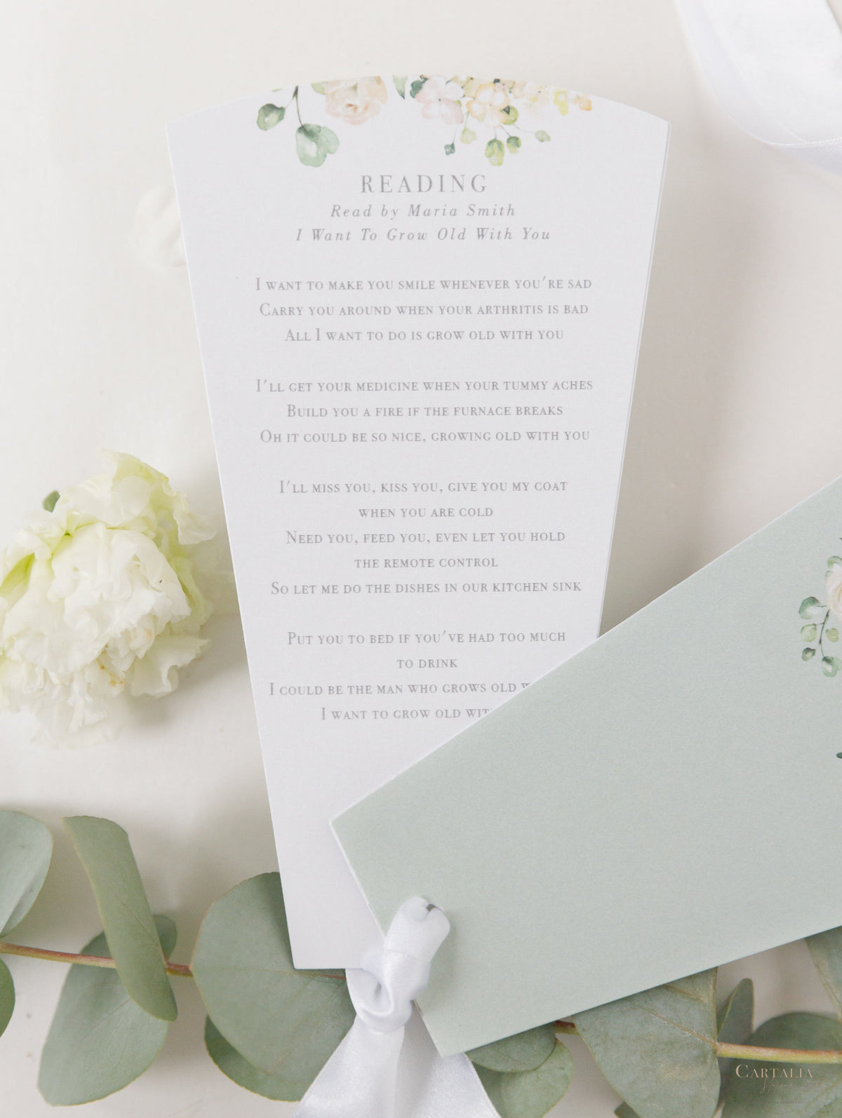 White Hortengea Wedding Petal Program Fan, Order of Day in Sage Green, Order of Service