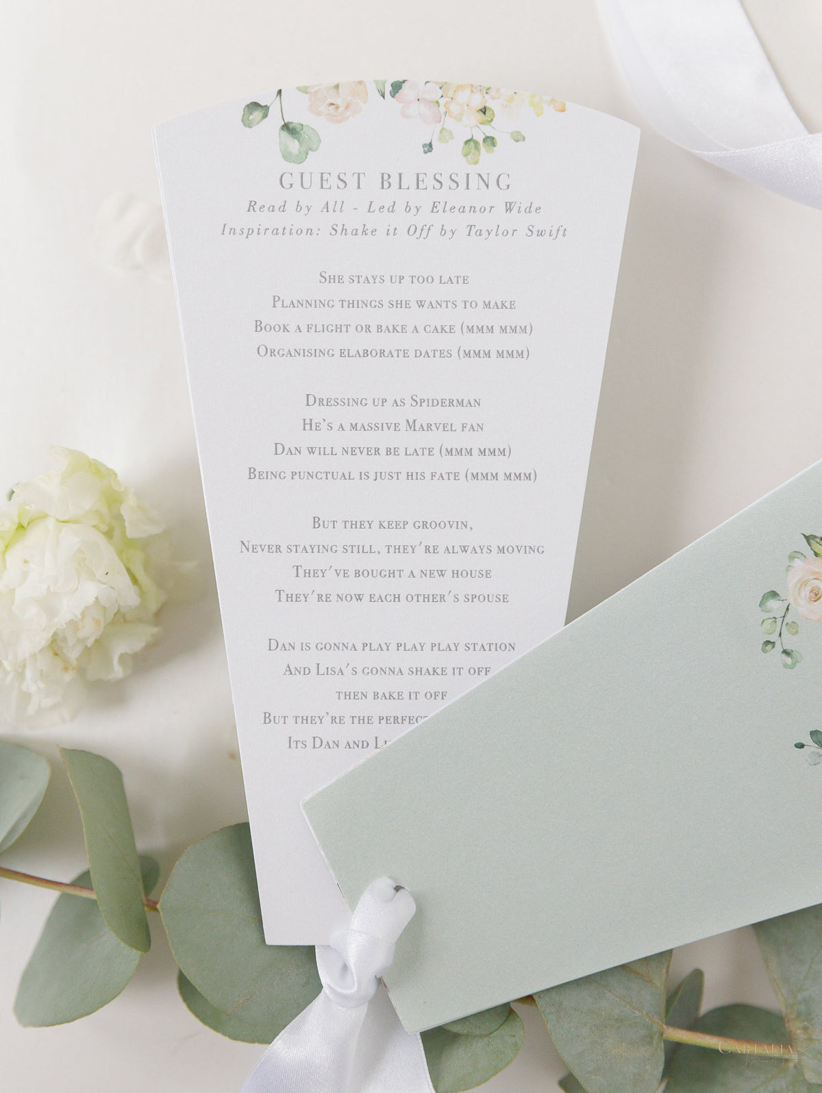 White Hydrangea Wedding Petal Program Fan, Order of Day in Sage Green, Order of Service