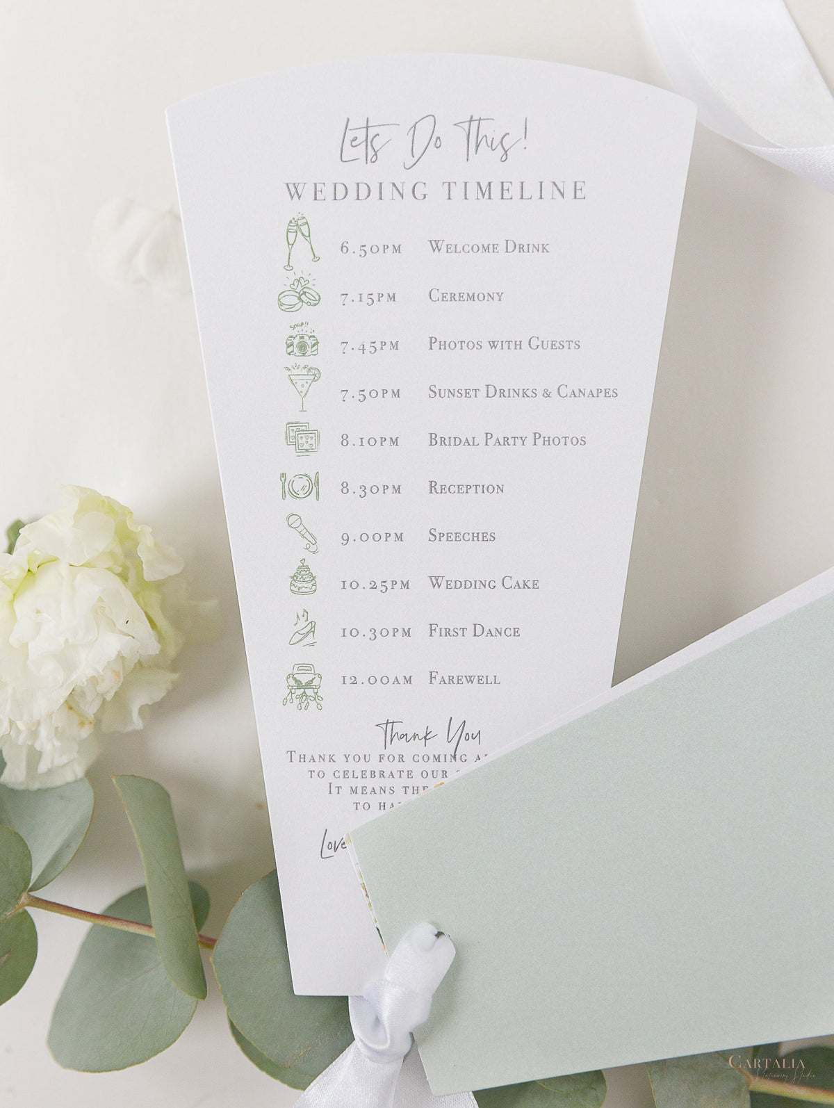 White Hortengea Wedding Petal Program Fan, Order of Day in Sage Green, Order of Service