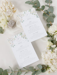 White Hydrangea Menu Cards With Gold Foiled Hexagon Shape