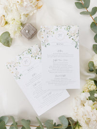 White Hydrangea Menu Cards With Gold Foiled Hexagon Shape