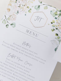 White Hydrangea Menu Cards With Gold Foiled Hexagon Shape