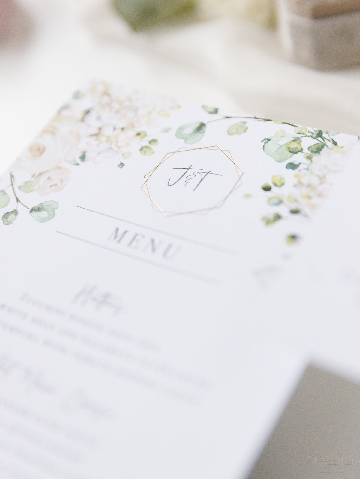 White Hydrangea Menu Cards With Gold Foiled Hexagon Shape