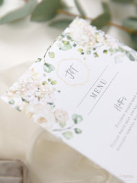 White Hydrangea Menu Cards With Gold Foiled Hexagon Shape