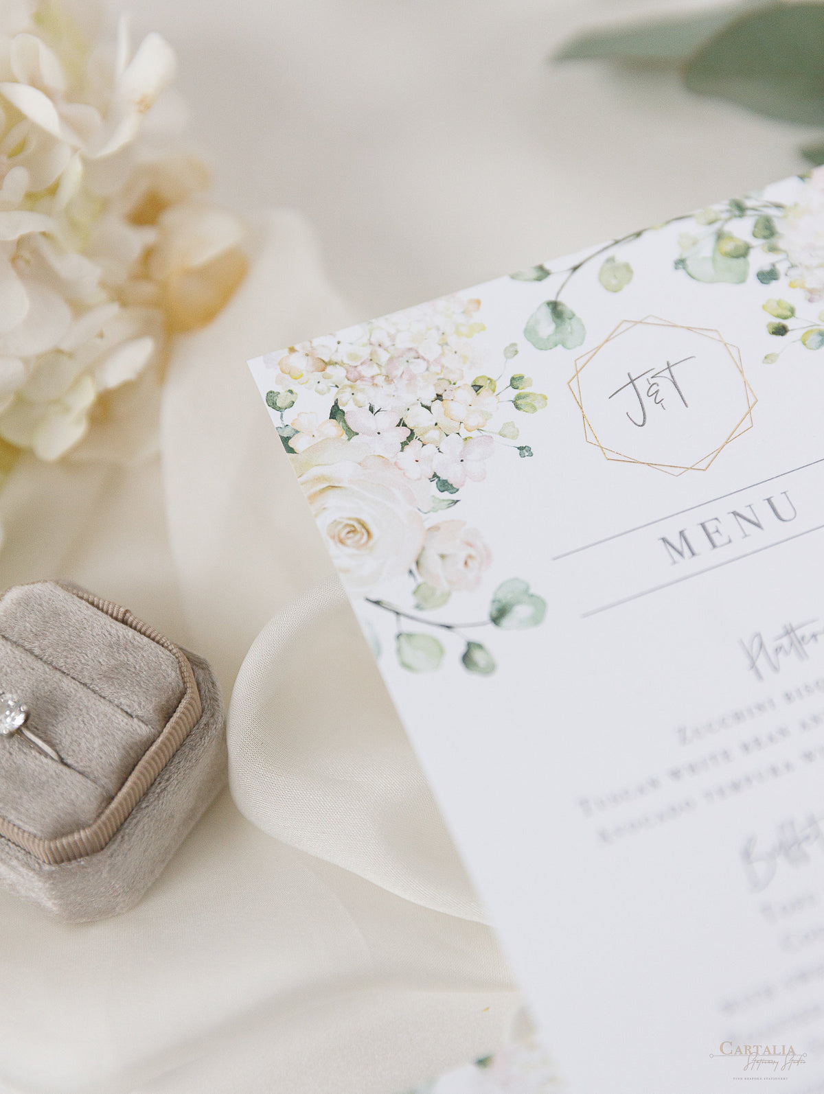 White Hydrangea Menu Cards With Gold Foiled Hexagon Shape