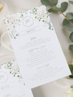 White Hydrangea Menu Cards With Gold Foiled Hexagon Shape