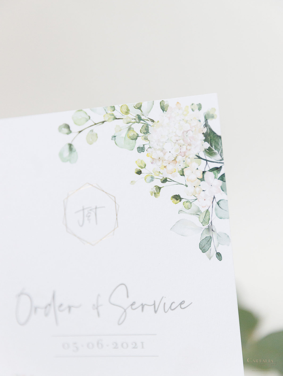 White Hydrangea Order of Service with Gold Foiled Hexagon