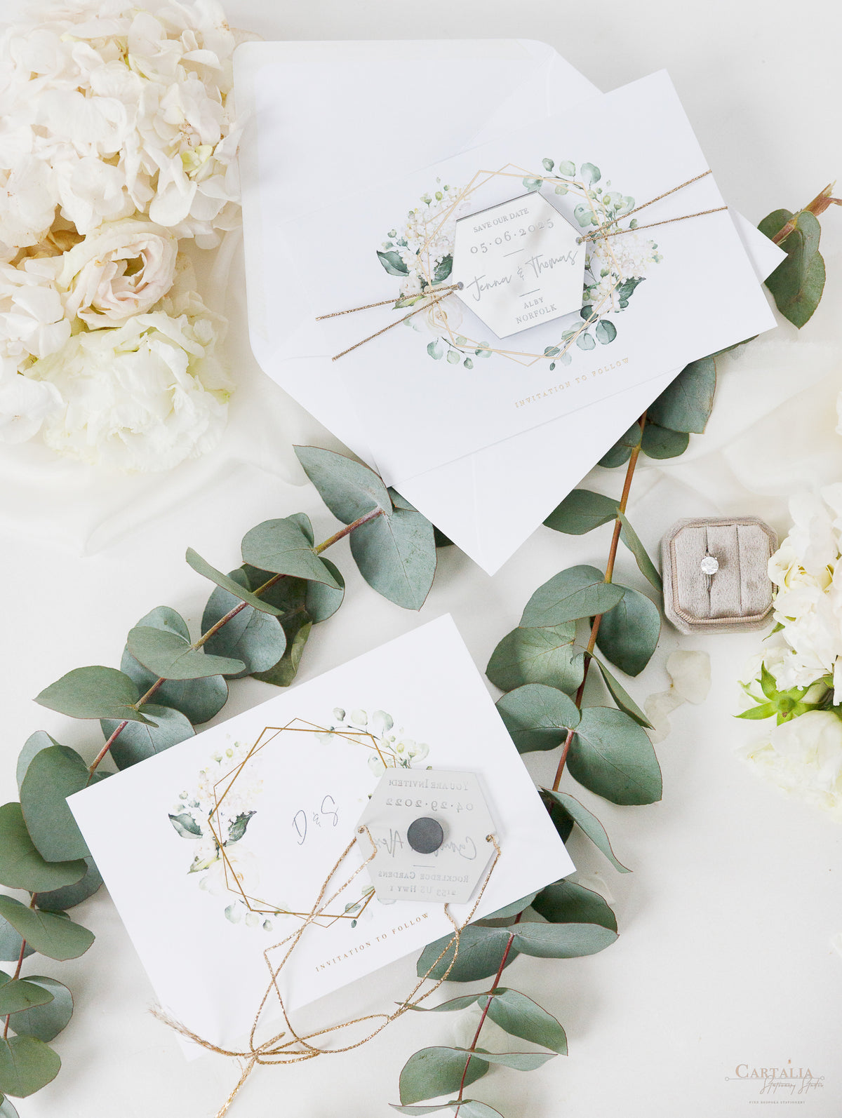 White Hydrangea Flowers and Greenery Silver Mirror Plexi in Hexagon Save the Date Magnet