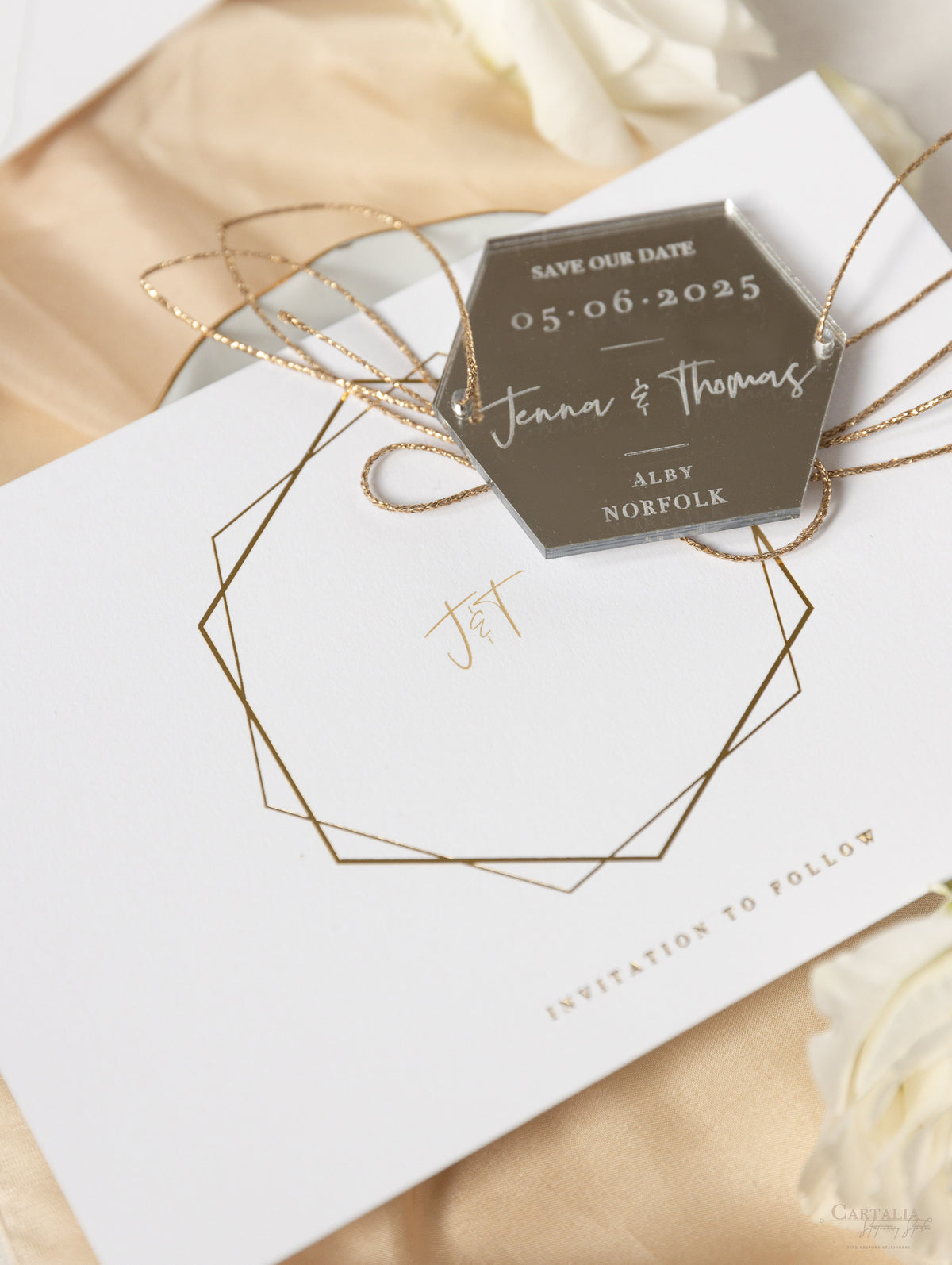 Espejo Plexi hexagonal moderno ahorra los imanes de fecha | Invitación de boda | Oro plata