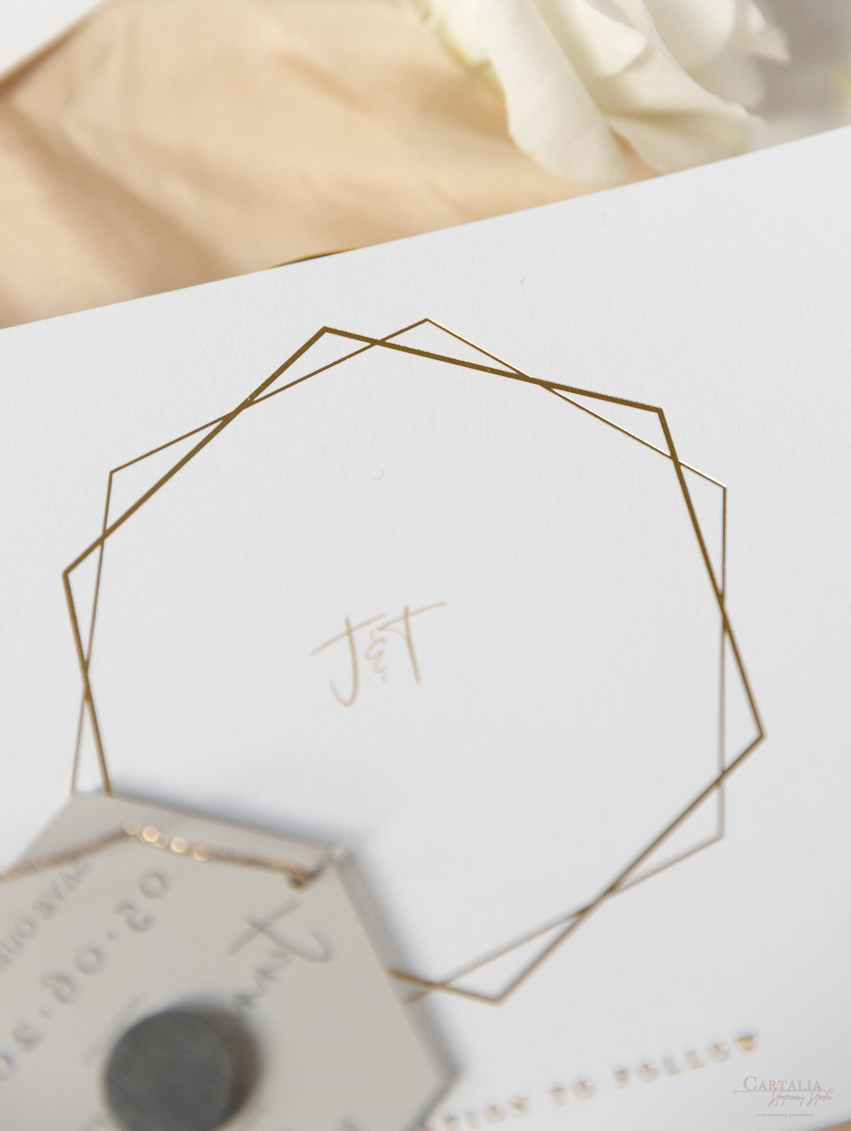 Modern Hexagon Plexi Mirror Save the Date Magnets | Wedding Invite | Gold & Silver