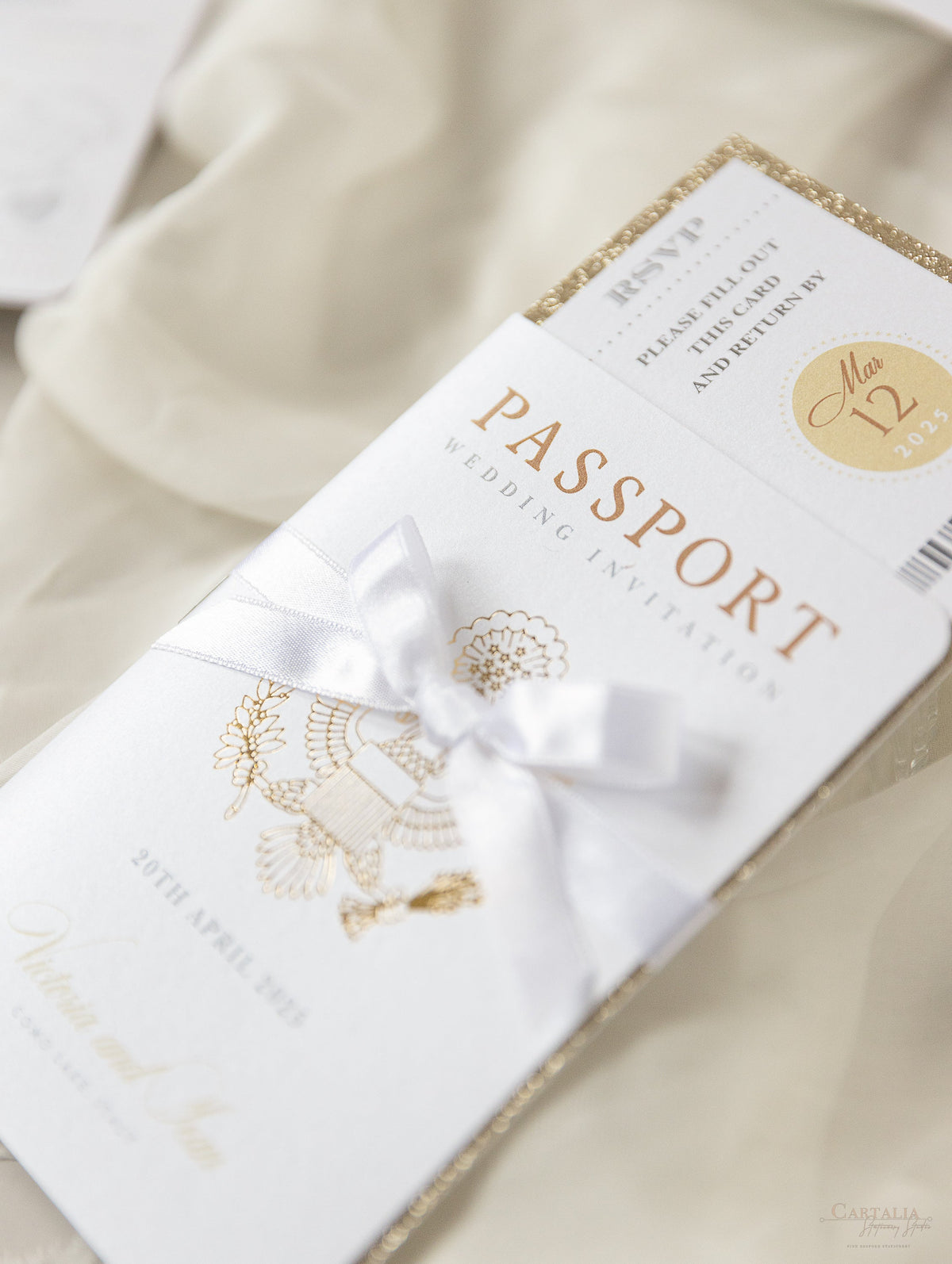 Luxury Glitter & Bow Passport Wedding Invitation in Champagne with Real Gold Foil