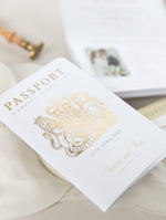 Luxury Glitter & Bow Passport Wedding Invitation in Champagne with Real Gold Foil
