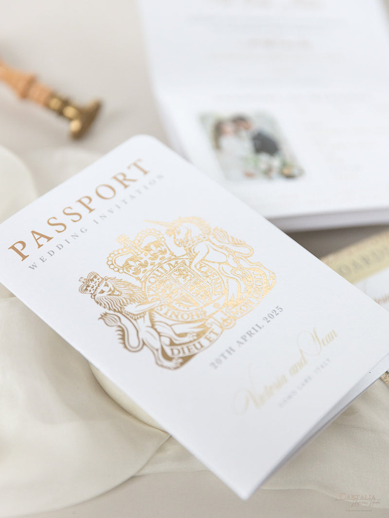Luxury Glitter & Bow Passport Wedding Invitation in Champagne with Real Gold Foil