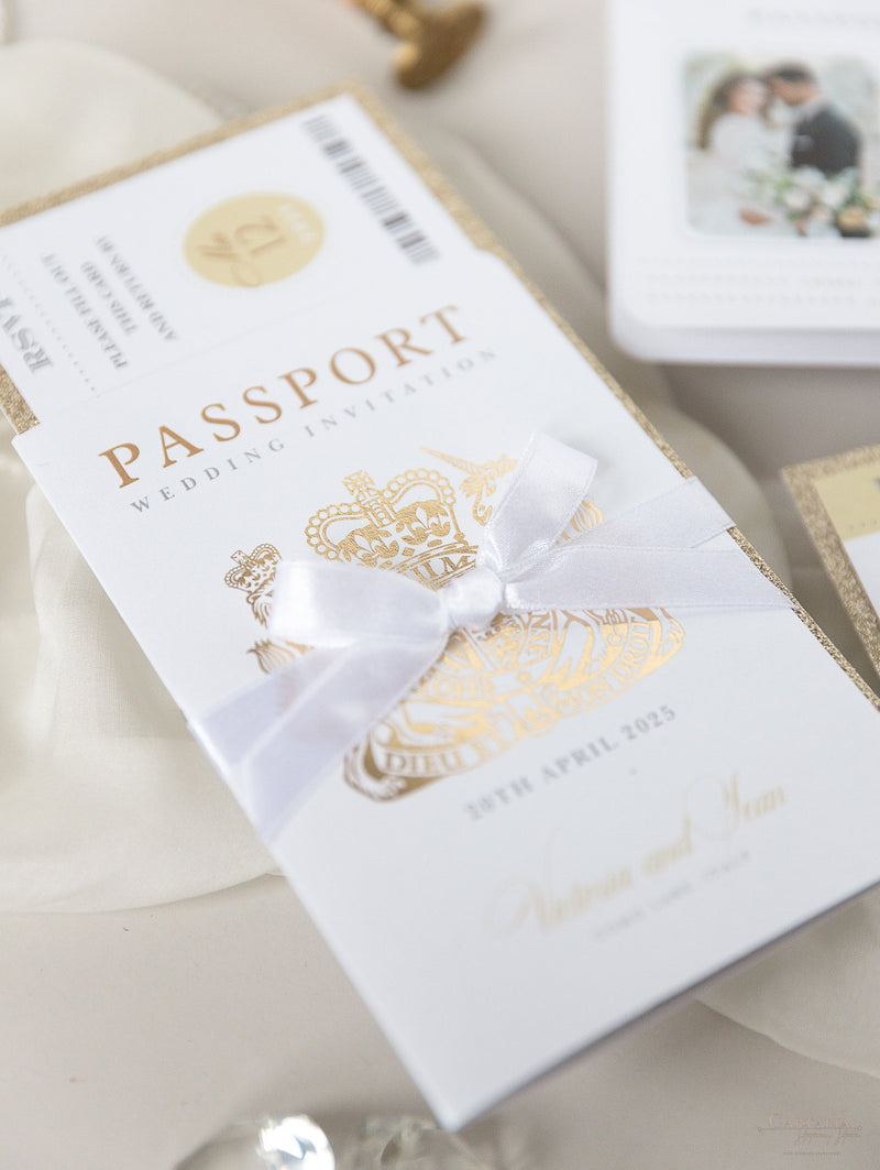Luxury Glitter & Bow Passport Wedding Invitation in Champagne with Real Gold Foil