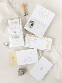 Luxury Glitter & Bow Passport Wedding Invitation in Champagne with Real Gold Foil