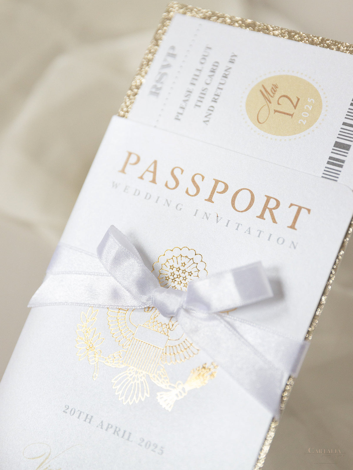 Luxury Glitter & Bow Passport Wedding Invitation in Champagne with Real Gold Foil