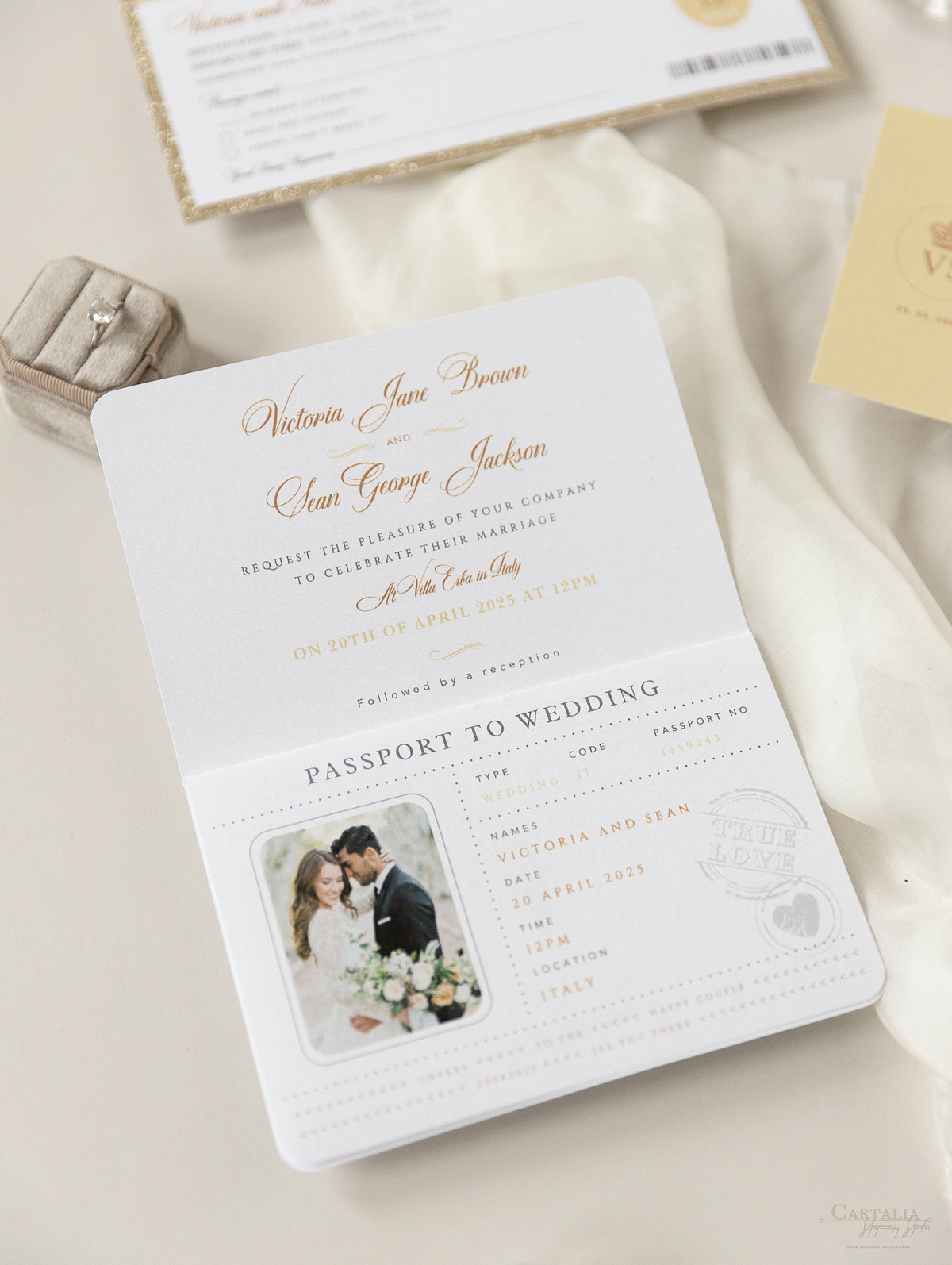 Luxury Glitter & Bow Passport Wedding Invitation in Champagne with Real Gold Foil