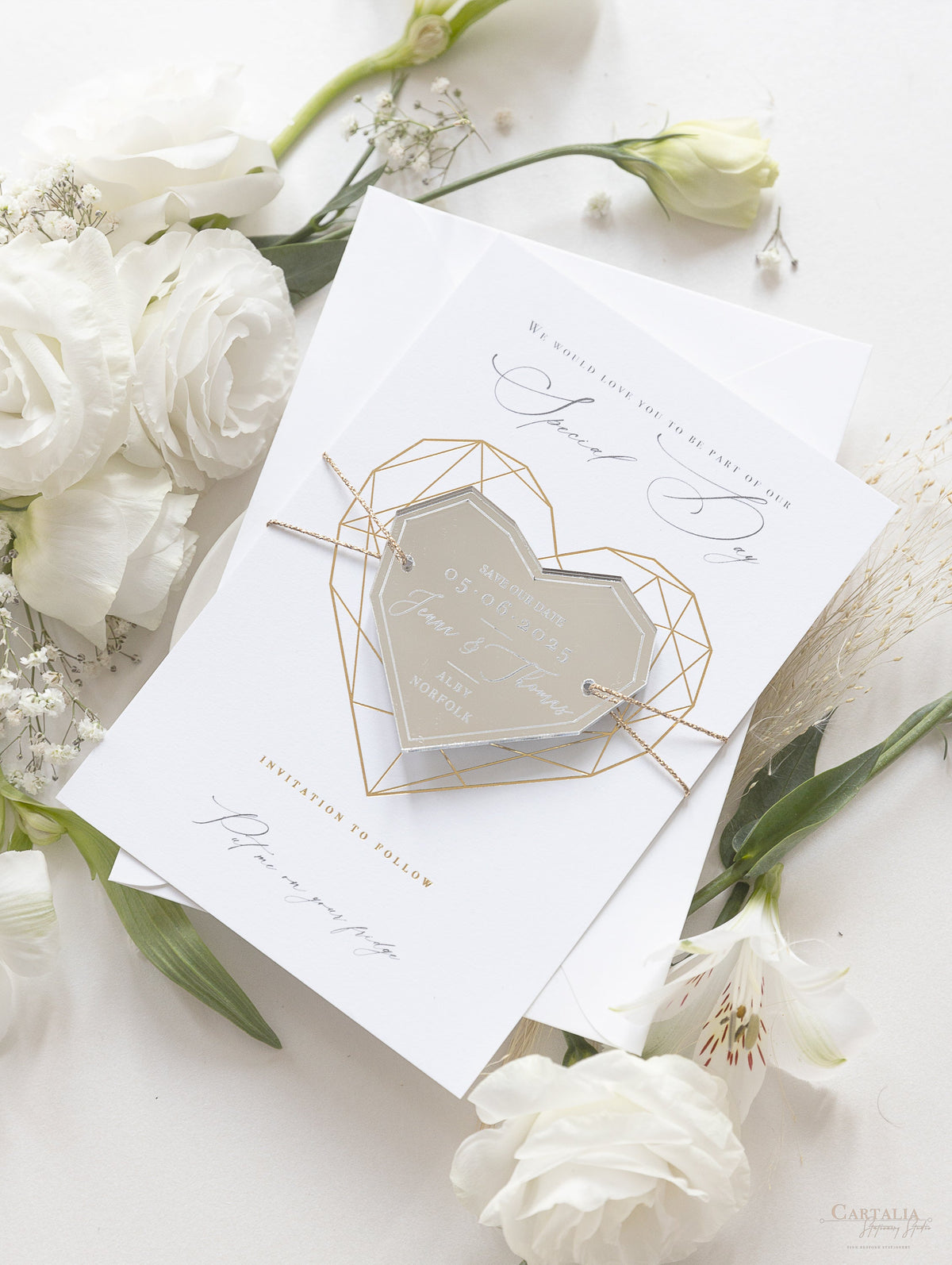 Geometric Heart Acrylic Mirror Magnet Engraved Save the Date Card with Real Foil