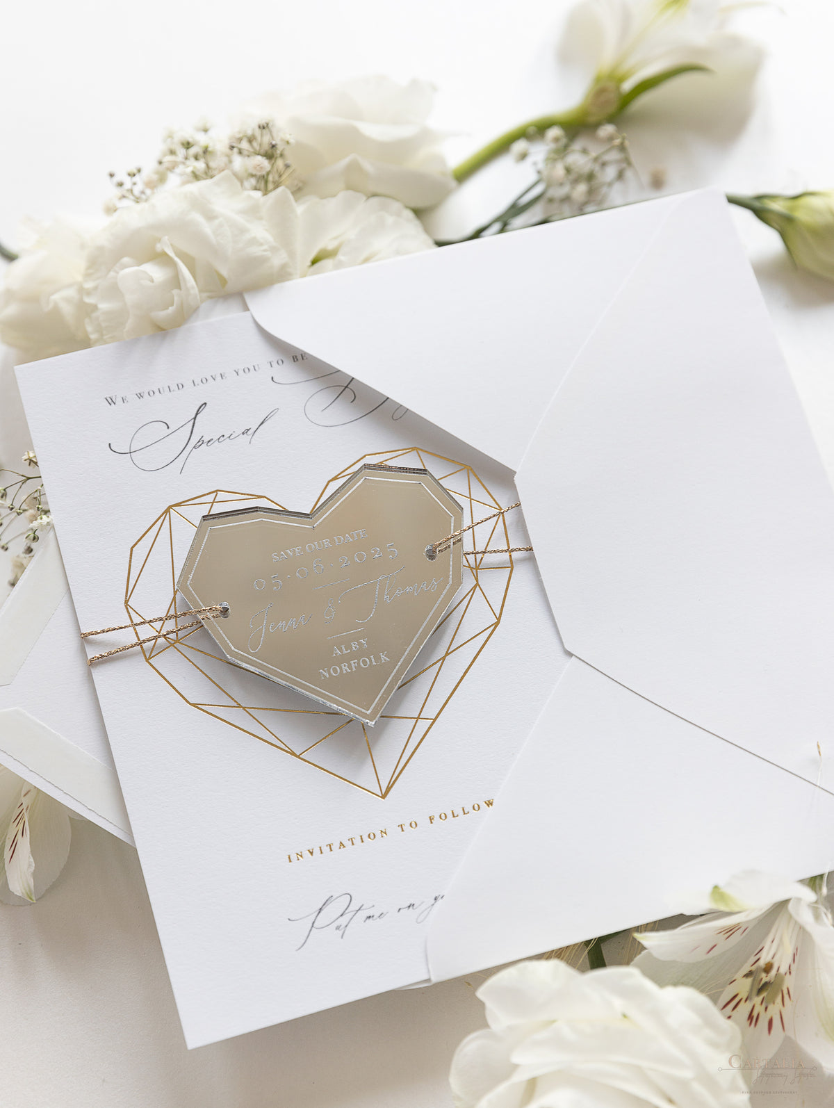 Geometric Heart Acrylic Mirror Magnet Engraved Save the Date Card with Real Foil