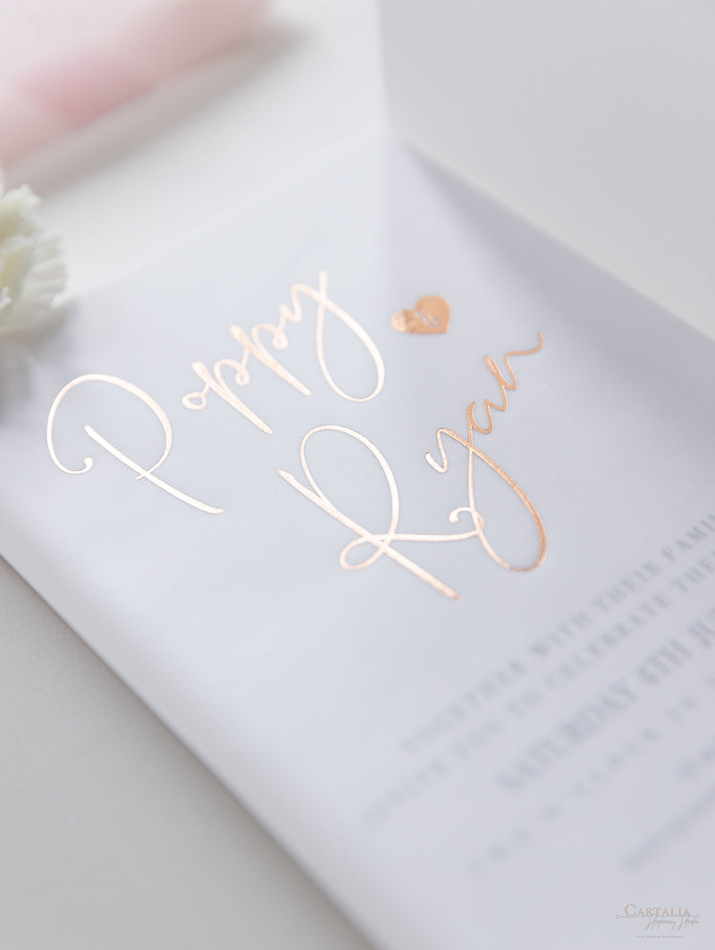 Wedding Vellum Suite with Rose Gold Foil, RSVP Card & Monogramed Envelope