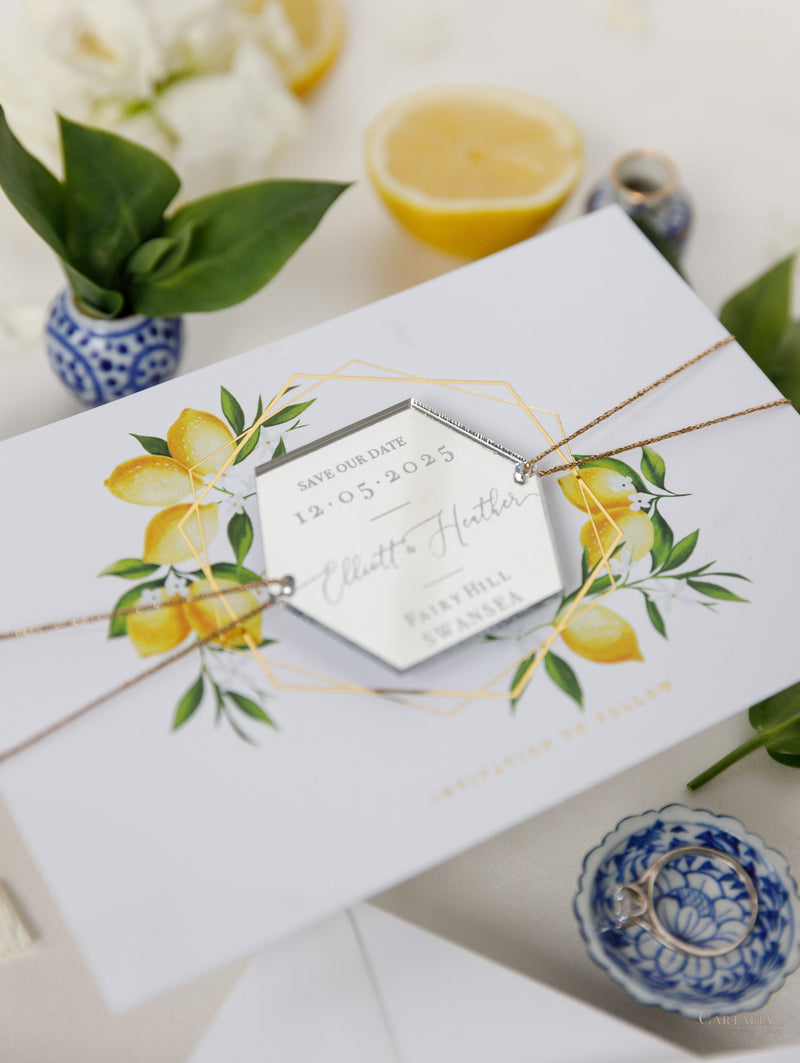 Segna la data al limone siciliano con specchio in plexi esagonale, calamita per matrimonio