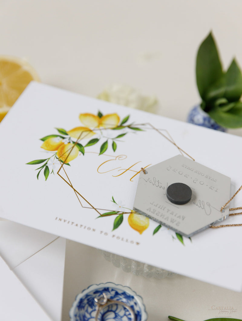 Segna la data al limone siciliano con specchio in plexi esagonale, calamita per matrimonio