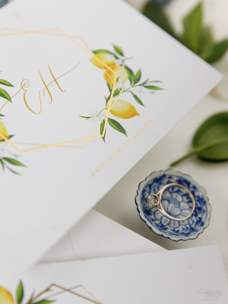 Segna la data al limone siciliano con specchio in plexi esagonale, calamita per matrimonio