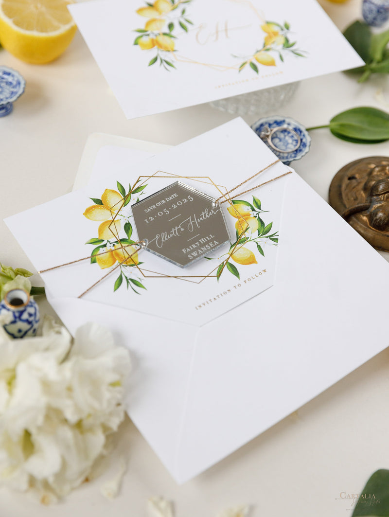 Segna la data al limone siciliano con specchio in plexi esagonale, calamita per matrimonio