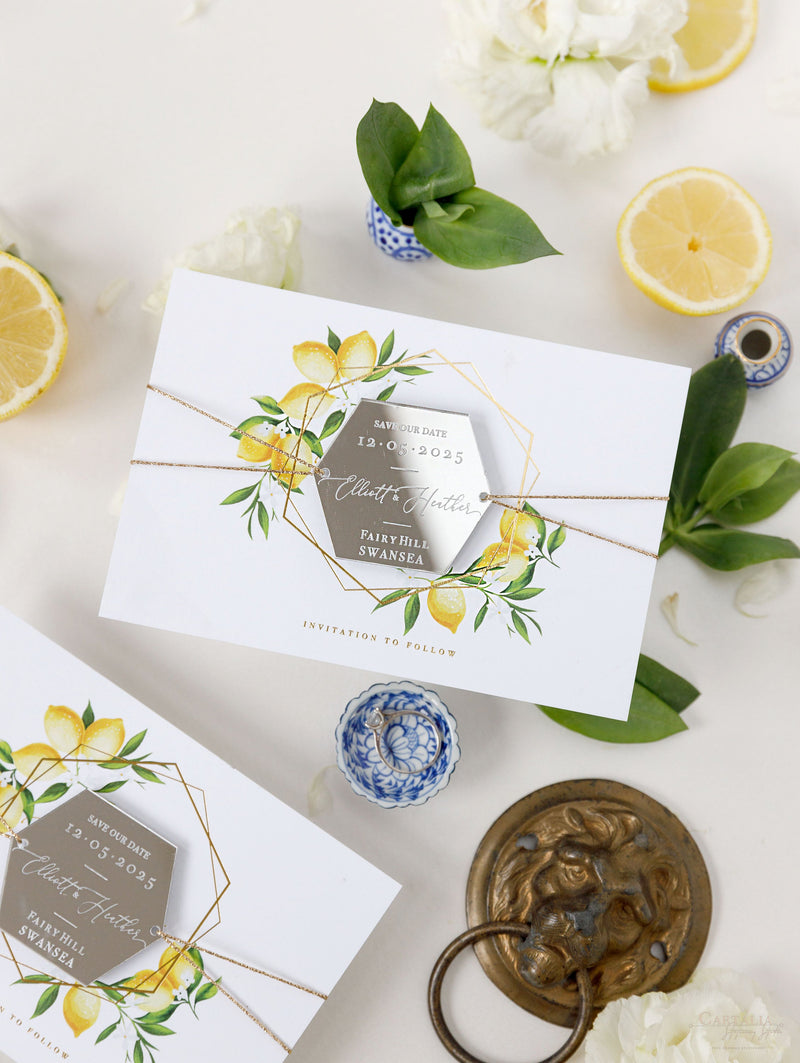 Segna la data al limone siciliano con specchio in plexi esagonale, calamita per matrimonio
