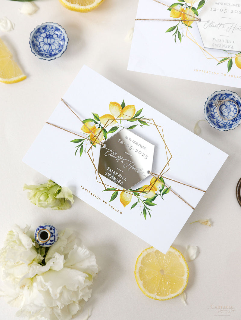 Segna la data al limone siciliano con specchio in plexi esagonale, calamita per matrimonio
