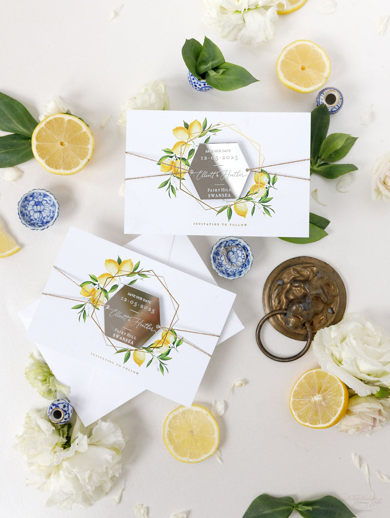 Segna la data al limone siciliano con specchio in plexi esagonale, calamita per matrimonio