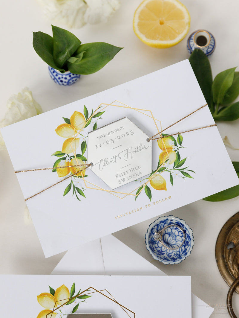 Segna la data al limone siciliano con specchio in plexi esagonale, calamita per matrimonio