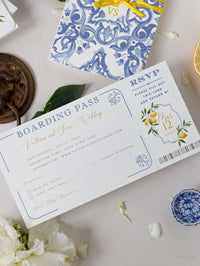 Pasaporte de boda de destino de lujo con limones y azulejos sicilianos, Italia